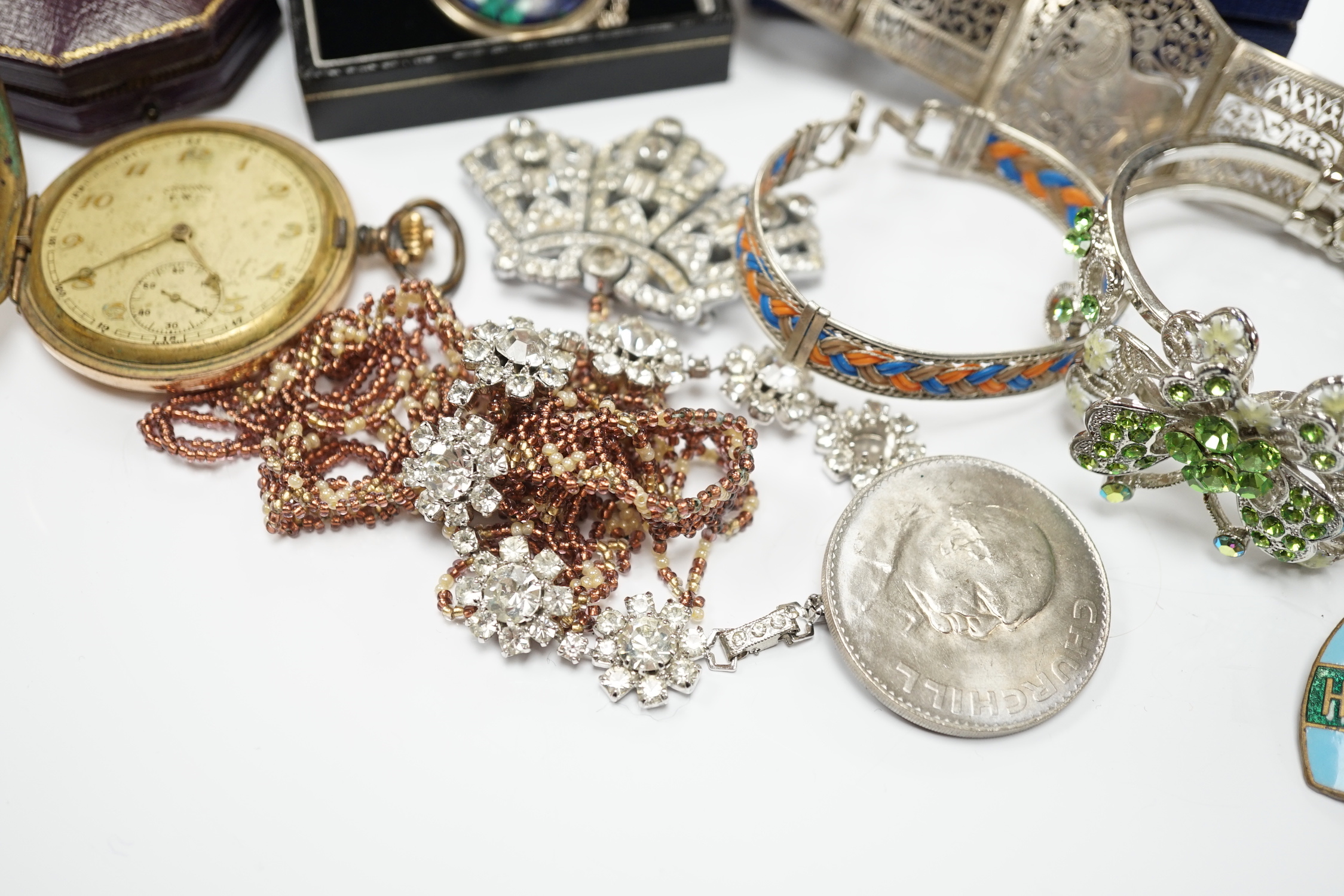 A small quantity of assorted costume jewellery, gold plated pocket watch, silver vesta case, etc.